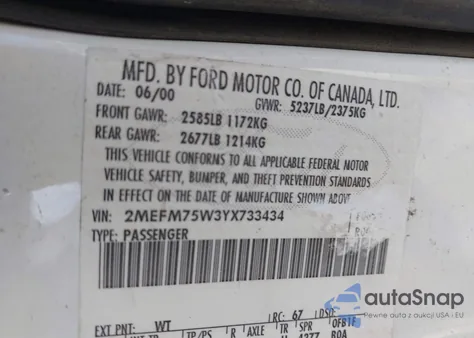 2000 Mercury Grand Marquis Ls из США, поврежденный, VIN 2MEFM75W3YX733434